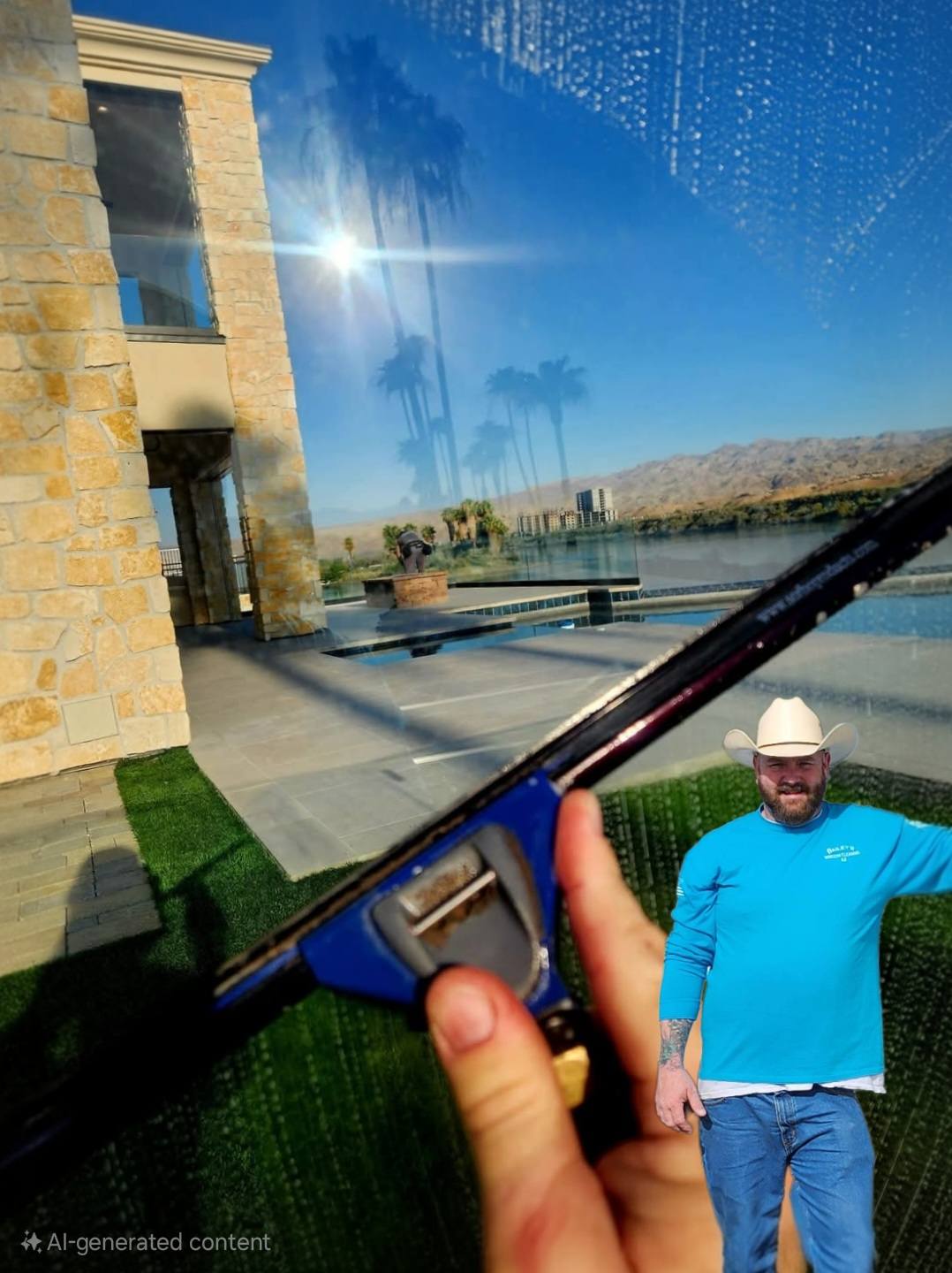 Mr Bailey standing in front of a photo of a squeegee wiping away the soap and water off a window